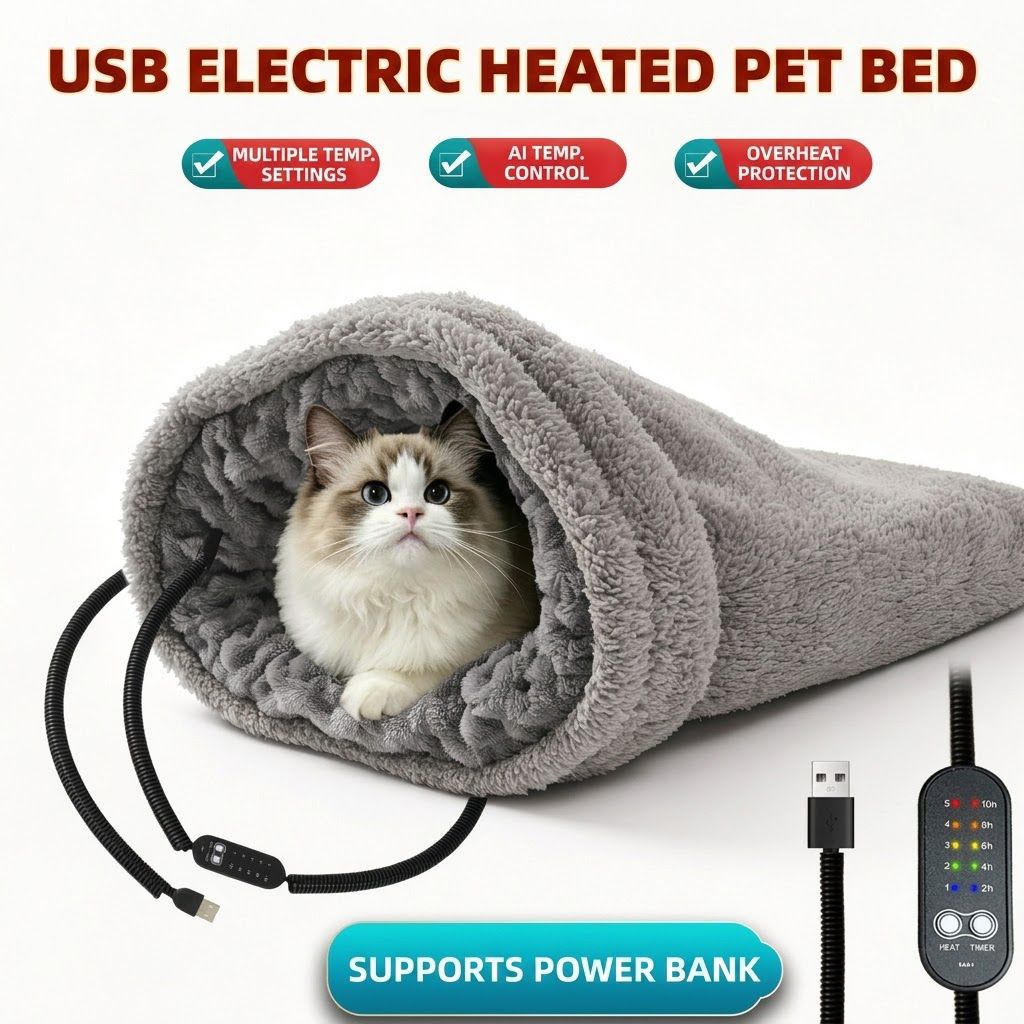 Heated Pet Bed with USB Power, Foldable Cat Dog Sleeping Bag with Soft Fleece, Adjustable Temperature Control and Timer, Ideal for Travel and Home Use (Grey)