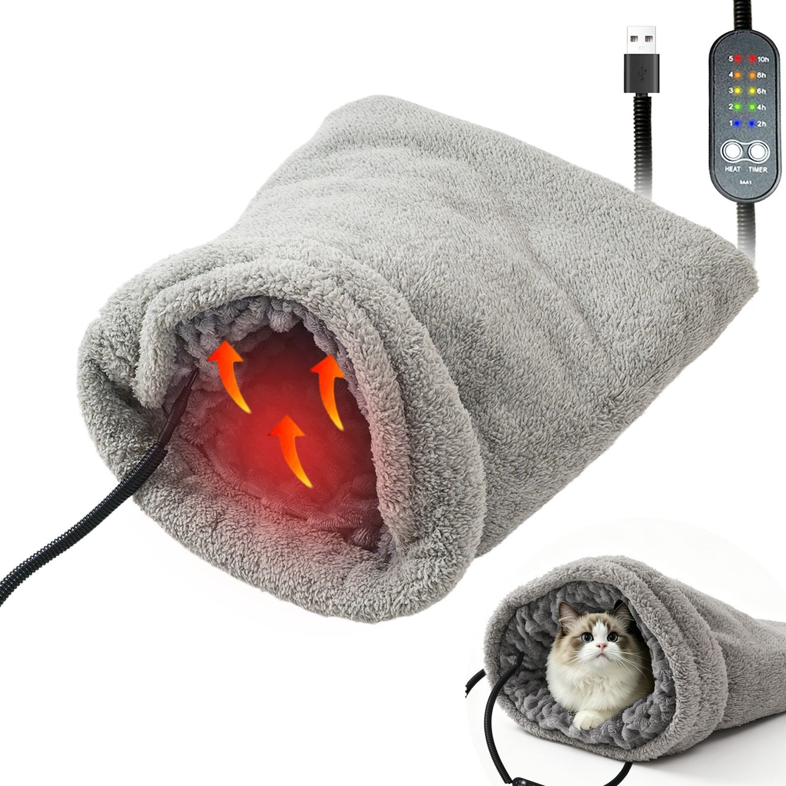 Heated Pet Bed with USB Power, Foldable Cat Dog Sleeping Bag with Soft Fleece, Adjustable Temperature Control and Timer, Ideal for Travel and Home Use (Grey)