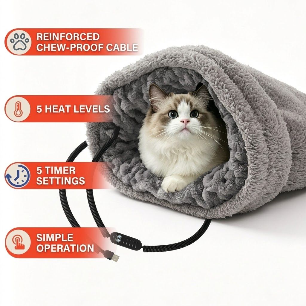 Heated Pet Bed with USB Power, Foldable Cat Dog Sleeping Bag with Soft Fleece, Adjustable Temperature Control and Timer, Ideal for Travel and Home Use (Grey)
