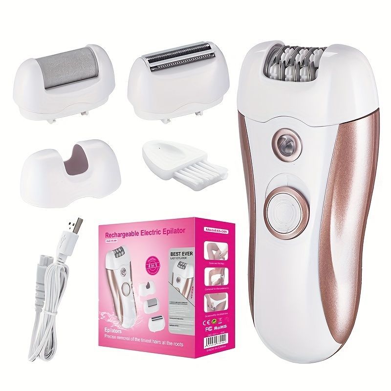 4-in-1 women's hair removal, electric epilator, shaver, foot file, trimmer, USB rechargeable, IPX6 waterproof, body grooming, Australian women - Rose gold - Size L