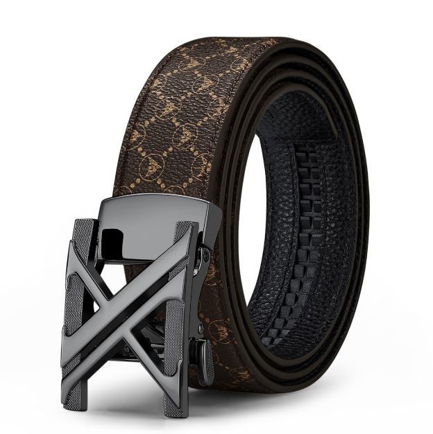 Men'S Genuine Leather Belt X-Shaped Buckle Men'S Accessories Trendy Belt - Khaki strap with gold buckle - Size 110cm