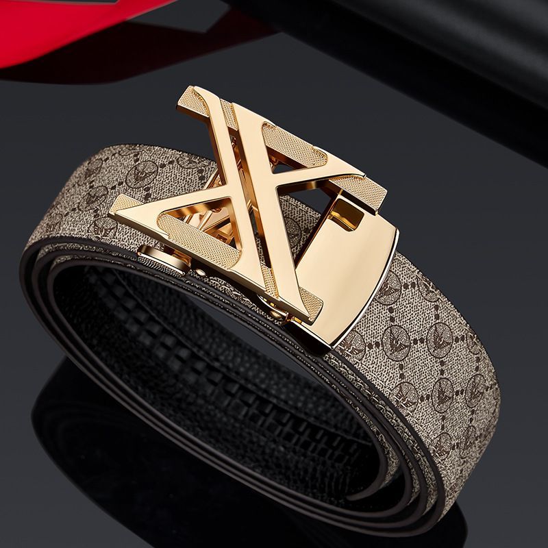 Men'S Genuine Leather Belt X-Shaped Buckle Men'S Accessories Trendy Belt - Khaki strap with gold buckle - Size 115cm