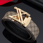 Men'S Genuine Leather Belt X-Shaped Buckle Men'S Accessories Trendy Belt - Khaki strap with gold buckle - Size 125cm