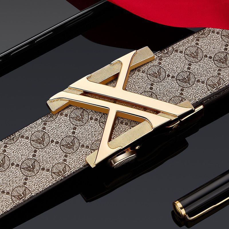 Men'S Genuine Leather Belt X-Shaped Buckle Men'S Accessories Trendy Belt - Gun buckle khaki strap - Size 105cm