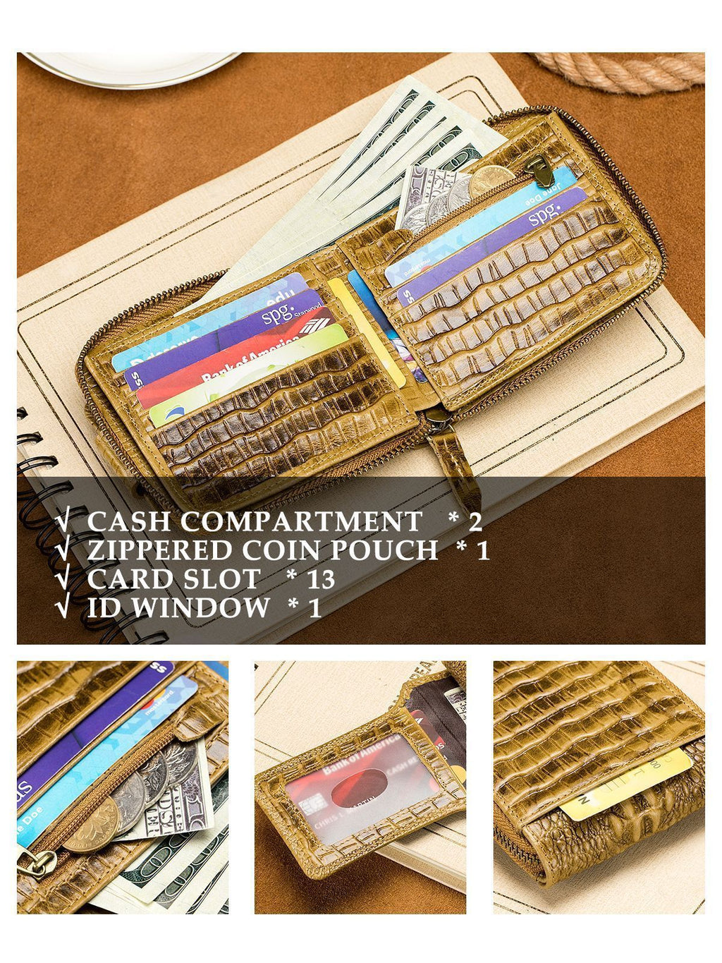 Men'S Wallet Genuine Leather Wallet Alligator-Embossed Wallet Horizontal Wallet - Orange - Size m