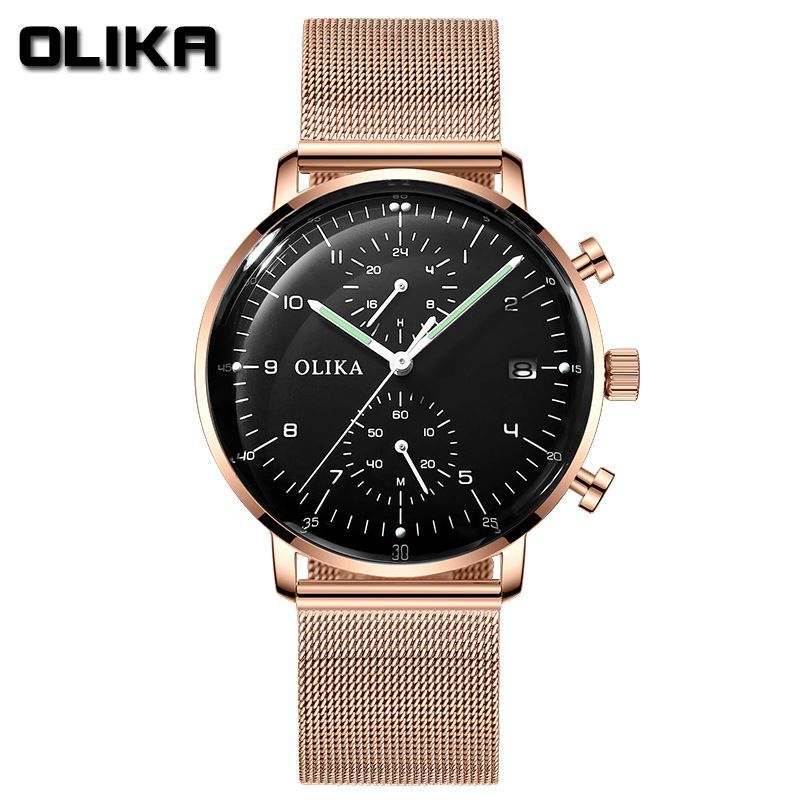 men's watch, ultra-thin watch, leather strap watch, luminous watch, waterproof watch, date calendar watch, curved glass watch, casual sports watch, OLIKA watch, men's fashion watch - Rose gold with a blue face - Size Man