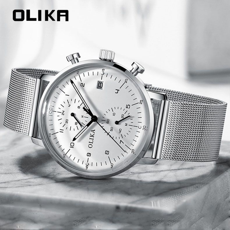 men's watch, ultra-thin watch, leather strap watch, luminous watch, waterproof watch, date calendar watch, curved glass watch, casual sports watch, OLIKA watch, men's fashion watch - Rose gold with a blue face - Size Man