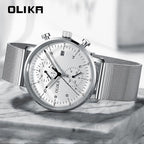 men's watch, ultra-thin watch, leather strap watch, luminous watch, waterproof watch, date calendar watch, curved glass watch, casual sports watch, OLIKA watch, men's fashion watch - Stainless steel with a white face - Size Man