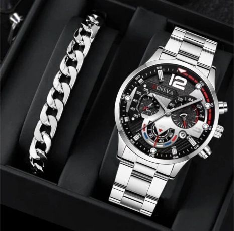 men's watch, Geneva calendar watch, stainless steel watch, business watch for men, Australian men's fashion, dress watch, formal watch, calendar wristwatch, Australian men's accessories - Black - Size 10