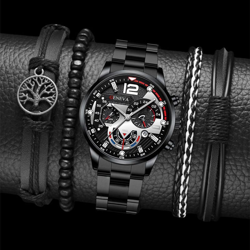 men's watch, Geneva calendar watch, stainless steel watch, business watch for men, Australian men's fashion, dress watch, formal watch, calendar wristwatch, Australian men's accessories - Black - Size 10