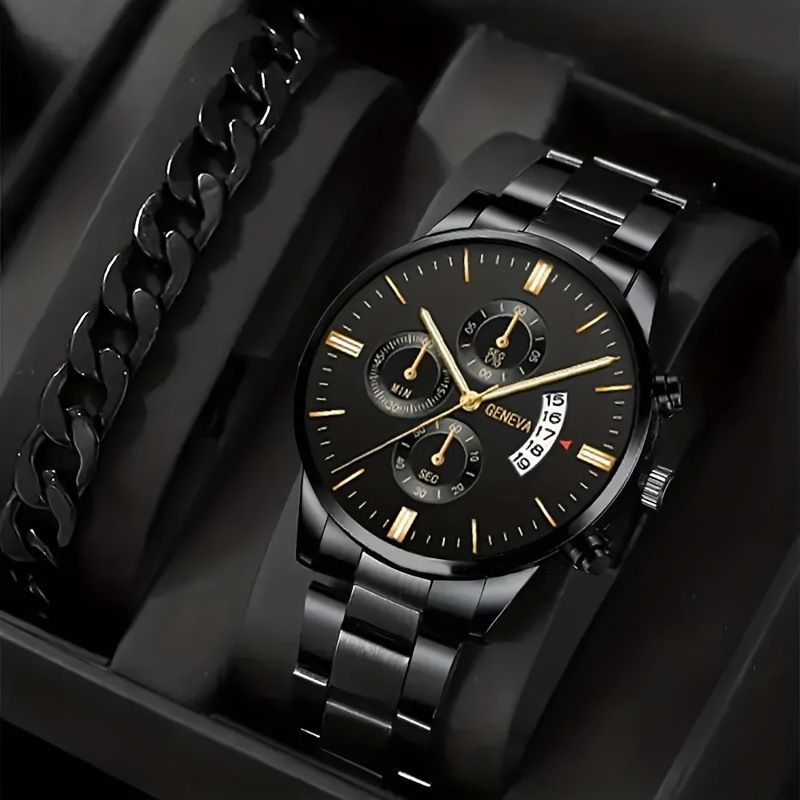 men's watch, Geneva calendar watch, stainless steel watch, business watch for men, Australian men's fashion, dress watch, formal watch, calendar wristwatch, Australian men's accessories - Black - Size 2