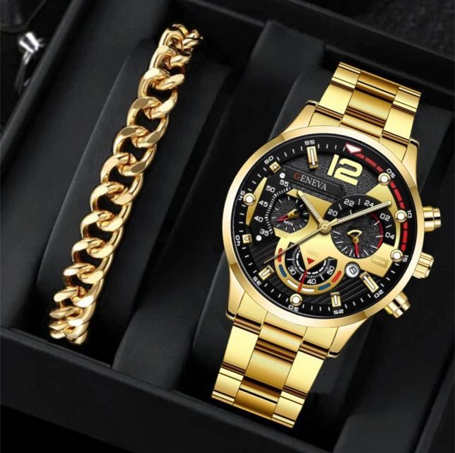 men's watch, Geneva calendar watch, stainless steel watch, business watch for men, Australian men's fashion, dress watch, formal watch, calendar wristwatch, Australian men's accessories - Black - Size 3