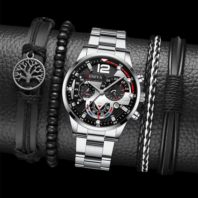 men's watch, Geneva calendar watch, stainless steel watch, business watch for men, Australian men's fashion, dress watch, formal watch, calendar wristwatch, Australian men's accessories - Black - Size 4
