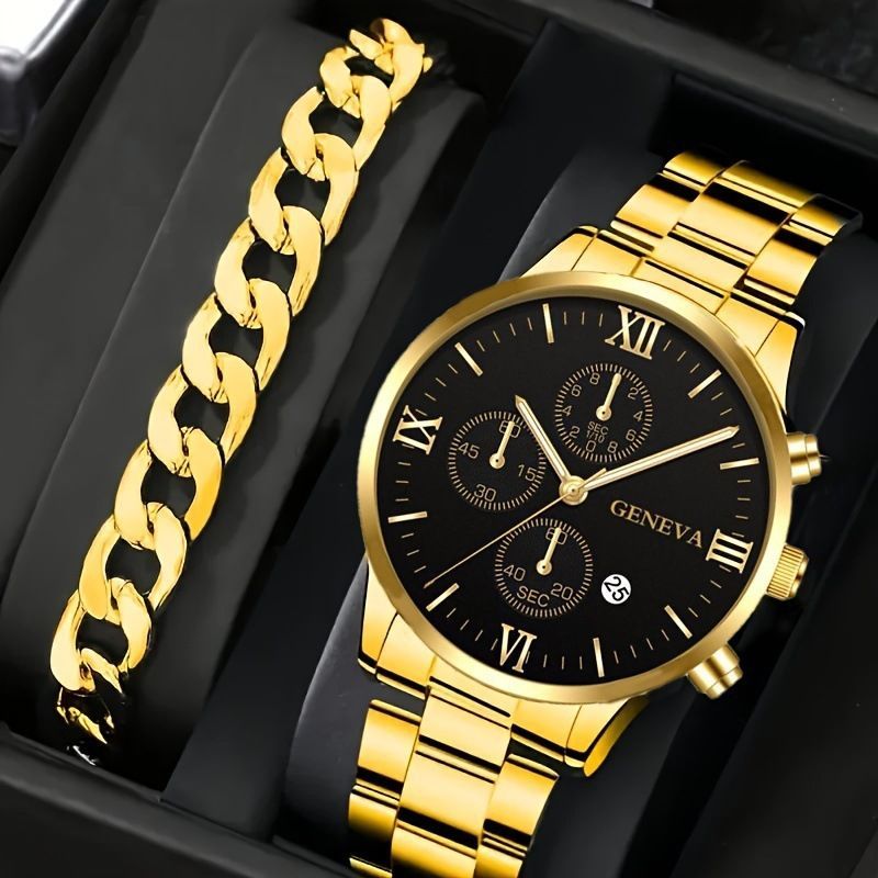 men's watch, Geneva calendar watch, stainless steel watch, business watch for men, Australian men's fashion, dress watch, formal watch, calendar wristwatch, Australian men's accessories - Black - Size 4