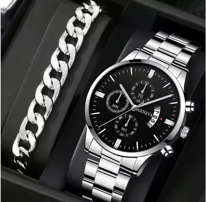men's watch, Geneva calendar watch, stainless steel watch, business watch for men, Australian men's fashion, dress watch, formal watch, calendar wristwatch, Australian men's accessories - Black - Size 5