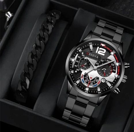 men's watch, Geneva calendar watch, stainless steel watch, business watch for men, Australian men's fashion, dress watch, formal watch, calendar wristwatch, Australian men's accessories - Black - Size 7