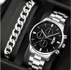 men's watch, Geneva calendar watch, stainless steel watch, business watch for men, Australian men's fashion, dress watch, formal watch, calendar wristwatch, Australian men's accessories - Black - Size 7