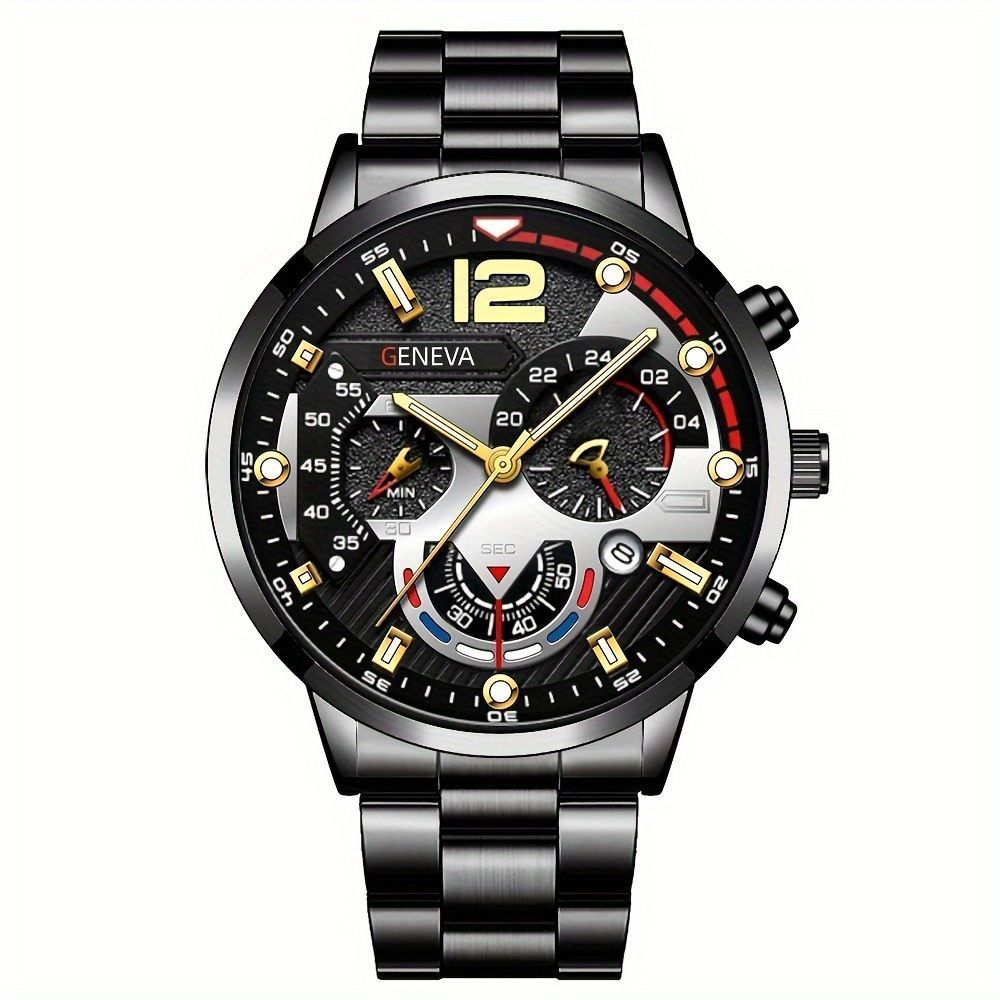 men's watch, Geneva calendar watch, stainless steel watch, business watch for men, Australian men's fashion, dress watch, formal watch, calendar wristwatch, Australian men's accessories - Black - Size 7