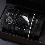 men's bracelet watch set, single calendar watch, fake three eye watch, canvas quartz watch, PU bracelet, men's fashion accessory, gift for men, Australian men's watch - Black - Size 1