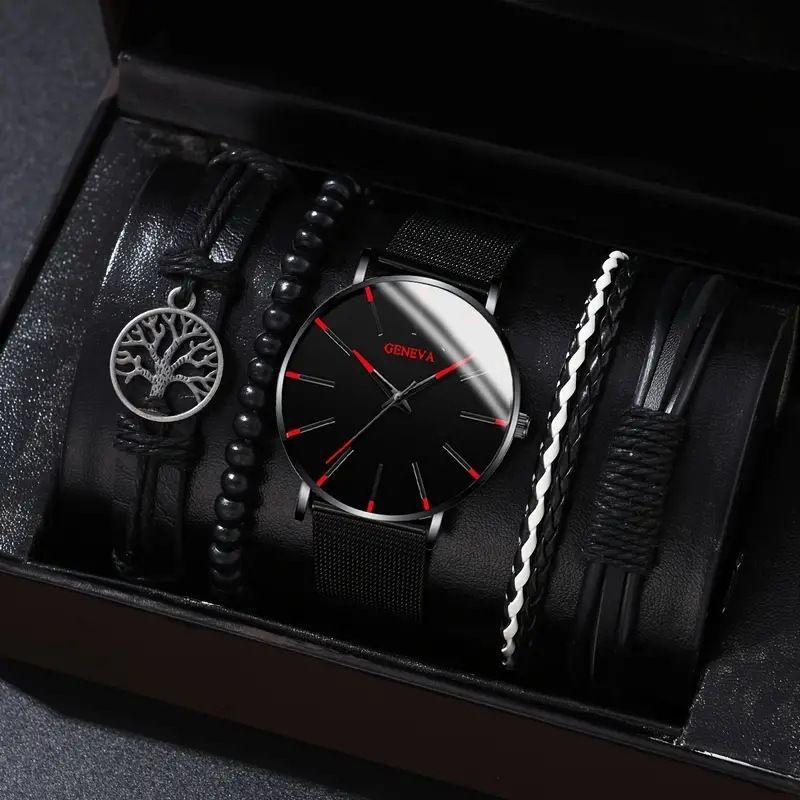 men's bracelet watch set, single calendar watch, fake three eye watch, canvas quartz watch, PU bracelet, men's fashion accessory, gift for men, Australian men's watch - Black - Size 12