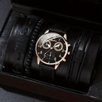 men's bracelet watch set, single calendar watch, fake three eye watch, canvas quartz watch, PU bracelet, men's fashion accessory, gift for men, Australian men's watch - Black - Size 12