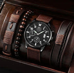 men's bracelet watch set, single calendar watch, fake three eye watch, canvas quartz watch, PU bracelet, men's fashion accessory, gift for men, Australian men's watch - Black - Size 2
