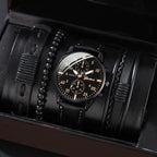 men's bracelet watch set, single calendar watch, fake three eye watch, canvas quartz watch, PU bracelet, men's fashion accessory, gift for men, Australian men's watch - Black - Size 2