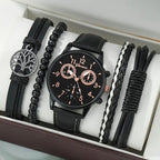 men's bracelet watch set, single calendar watch, fake three eye watch, canvas quartz watch, PU bracelet, men's fashion accessory, gift for men, Australian men's watch - Black - Size 3