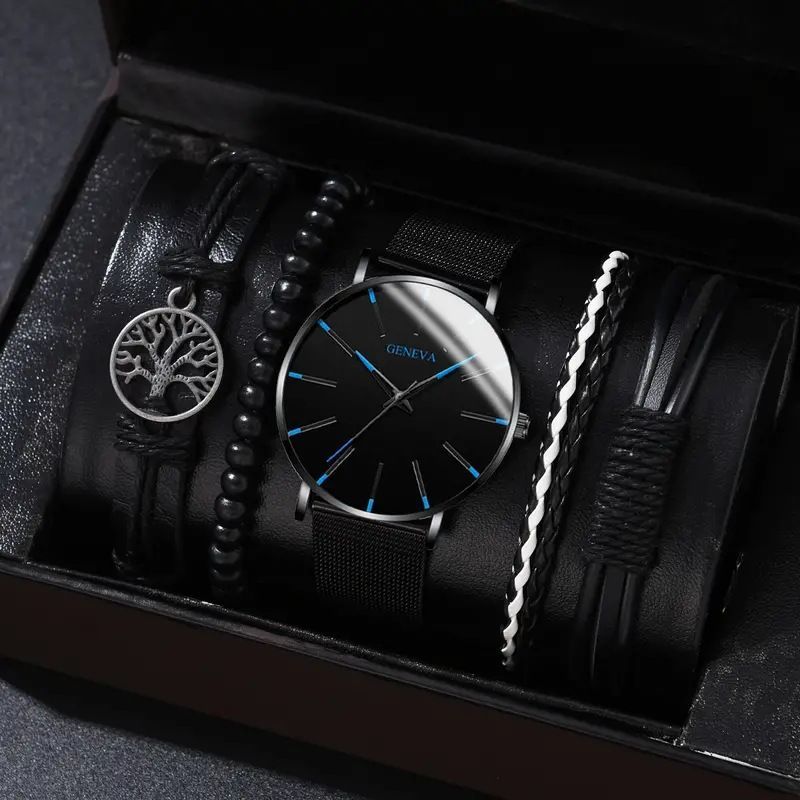 men's bracelet watch set, single calendar watch, fake three eye watch, canvas quartz watch, PU bracelet, men's fashion accessory, gift for men, Australian men's watch - Black - Size 4