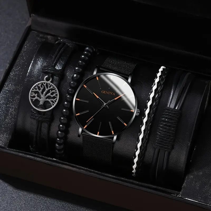 men's bracelet watch set, single calendar watch, fake three eye watch, canvas quartz watch, PU bracelet, men's fashion accessory, gift for men, Australian men's watch - Black - Size 4