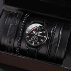 men's bracelet watch set, single calendar watch, fake three eye watch, canvas quartz watch, PU bracelet, men's fashion accessory, gift for men, Australian men's watch - Black - Size 4