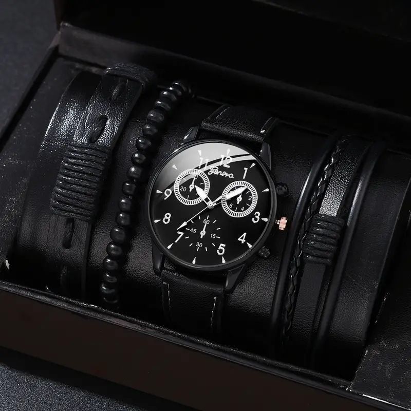 men's bracelet watch set, single calendar watch, fake three eye watch, canvas quartz watch, PU bracelet, men's fashion accessory, gift for men, Australian men's watch - Black - Size 4