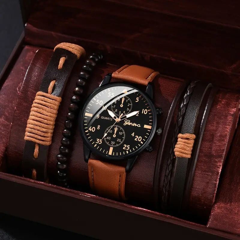 men's bracelet watch set, single calendar watch, fake three eye watch, canvas quartz watch, PU bracelet, men's fashion accessory, gift for men, Australian men's watch - Black - Size 5