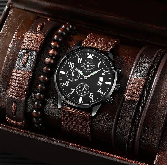 men's bracelet watch set, single calendar watch, fake three eye watch, canvas quartz watch, PU bracelet, men's fashion accessory, gift for men, Australian men's watch - Black - Size 6