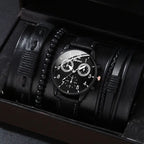 men's bracelet watch set, single calendar watch, fake three eye watch, canvas quartz watch, PU bracelet, men's fashion accessory, gift for men, Australian men's watch - Black - Size 7