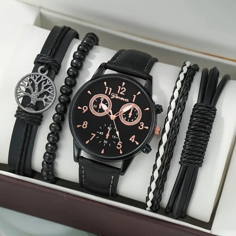 men's bracelet watch set, single calendar watch, fake three eye watch, canvas quartz watch, PU bracelet, men's fashion accessory, gift for men, Australian men's watch - Black - Size 7
