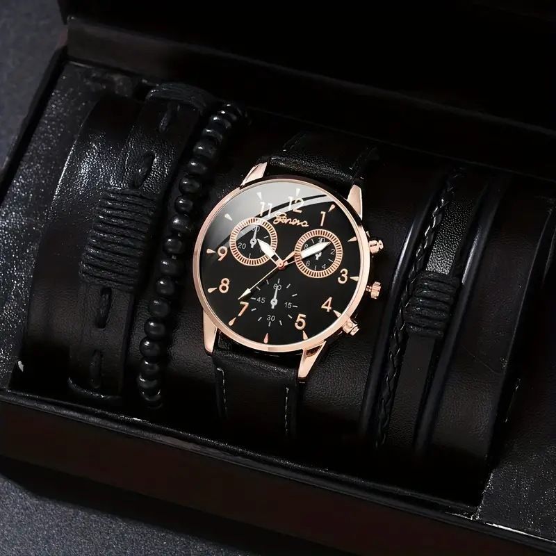 men's bracelet watch set, single calendar watch, fake three eye watch, canvas quartz watch, PU bracelet, men's fashion accessory, gift for men, Australian men's watch - Black - Size 8