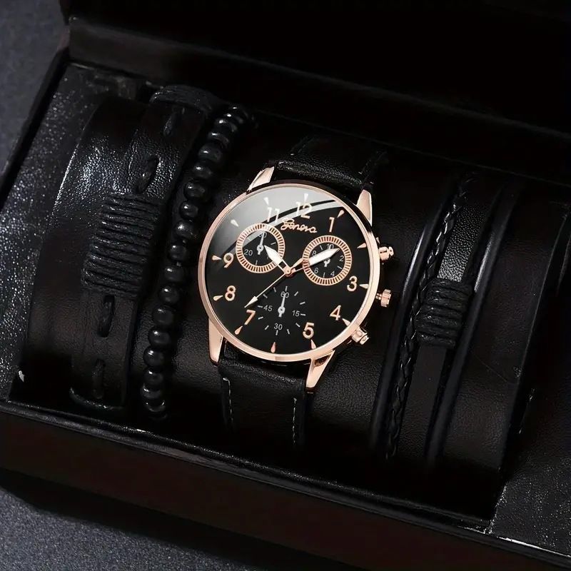 men's bracelet watch set, single calendar watch, fake three eye watch, canvas quartz watch, PU bracelet, men's fashion accessory, gift for men, Australian men's watch - Black - Size 8