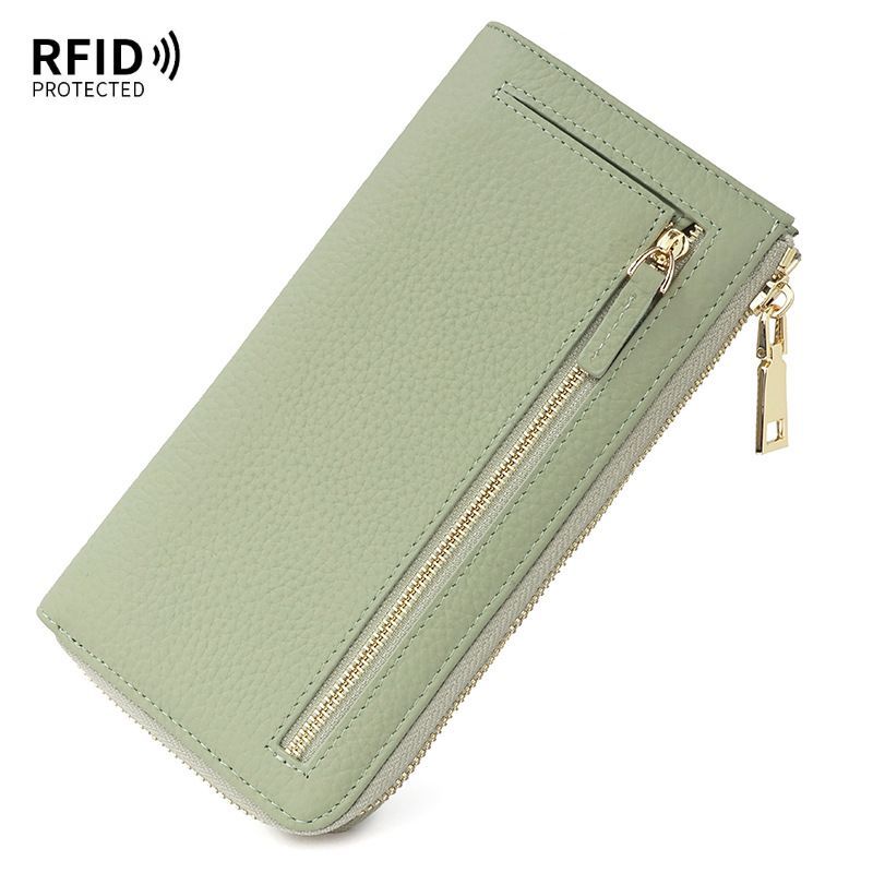 Genuine Leather Wallet RFID Blocking Wallet Long Zipper Clutch Women'S Phone - Blue - Size m