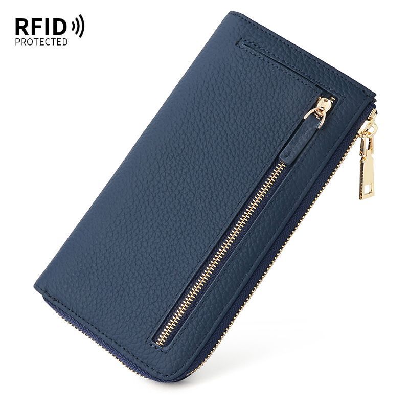 Genuine Leather Wallet RFID Blocking Wallet Long Zipper Clutch Women'S Phone - Light Green - Size m