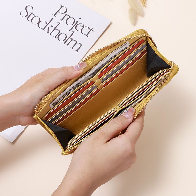 Genuine Leather Wallet RFID Blocking Wallet Long Zipper Clutch Women'S Phone - Pink - Size m