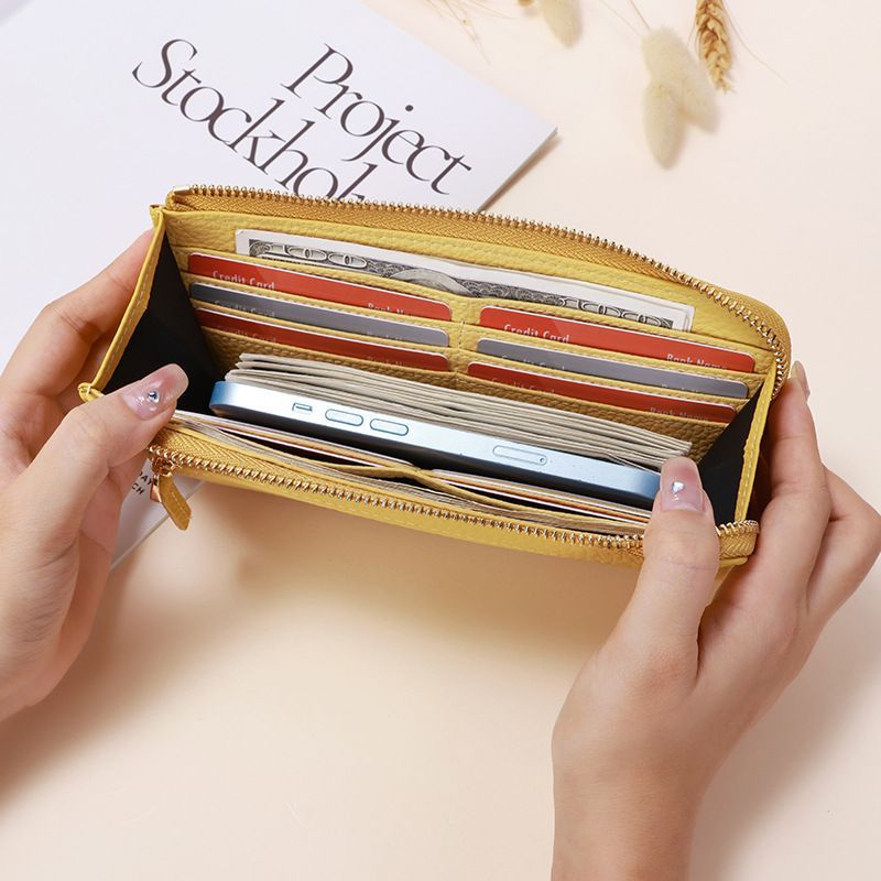 Genuine Leather Wallet RFID Blocking Wallet Long Zipper Clutch Women'S Phone - Pink - Size m