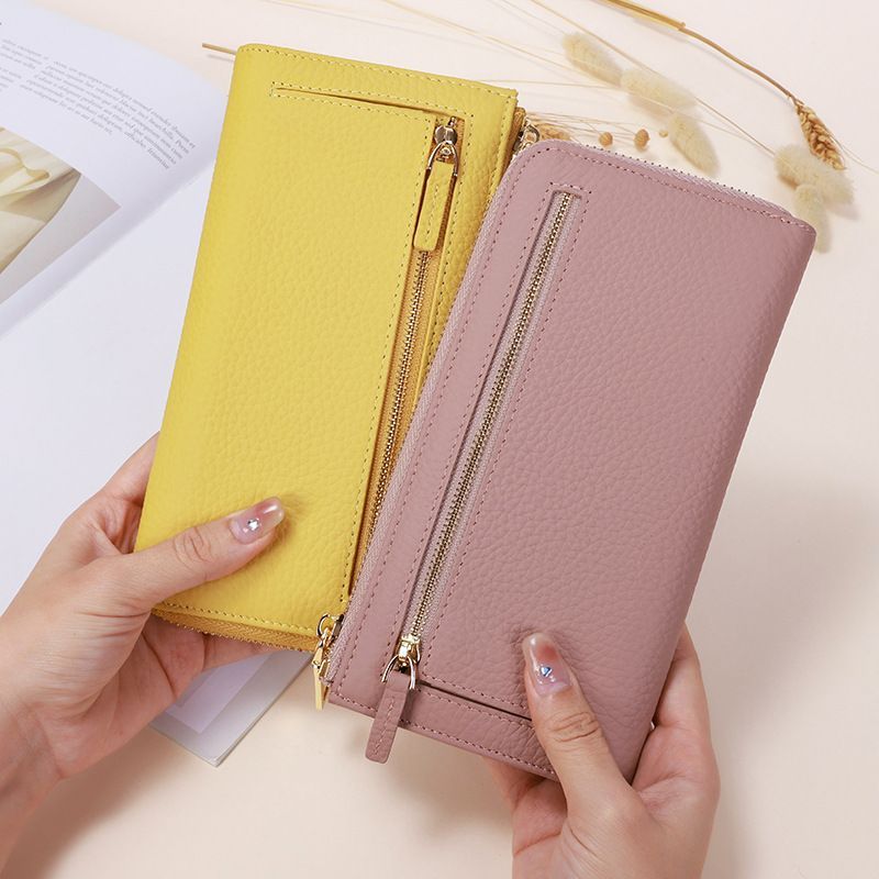 Genuine Leather Wallet RFID Blocking Wallet Long Zipper Clutch Women'S Phone - Pink - Size m