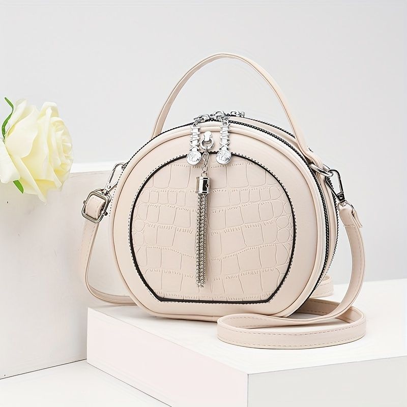 Ladies Handbag Round Handbag Croc-Embossed Handbag Tassel Handbag High-Quality - Black - Size L