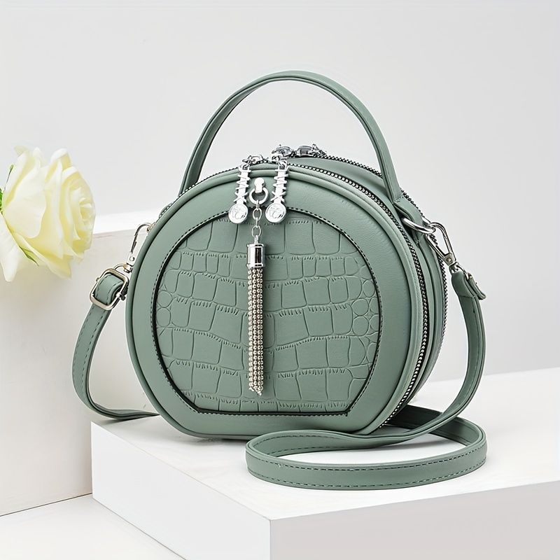 Ladies Handbag Round Handbag Croc-Embossed Handbag Tassel Handbag High-Quality - Burgundy - Size L