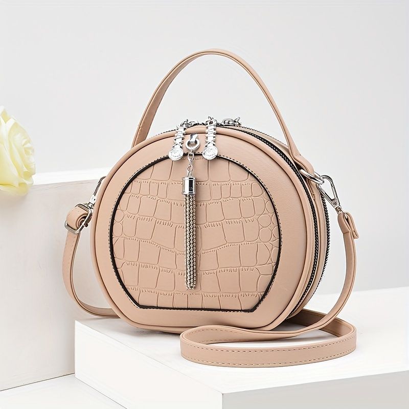 Ladies Handbag Round Handbag Croc-Embossed Handbag Tassel Handbag High-Quality - Pink - Size L