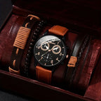 Men'S Bracelet Watch Set Single Calendar Watch Fake Three Eye Watch Canvas - Black - Size 16