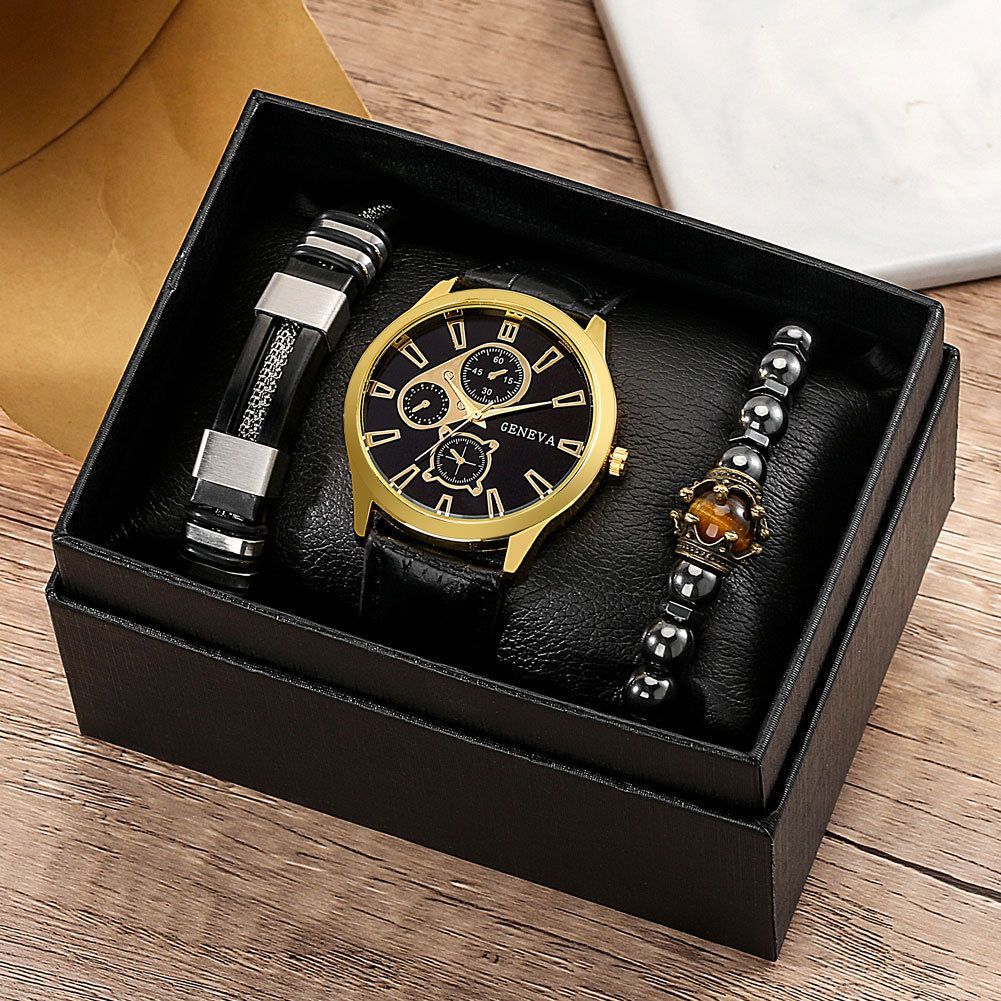 Men'S Bracelet Watch Set Single Calendar Watch Fake Three Eye Watch Canvas - Black - Size 17