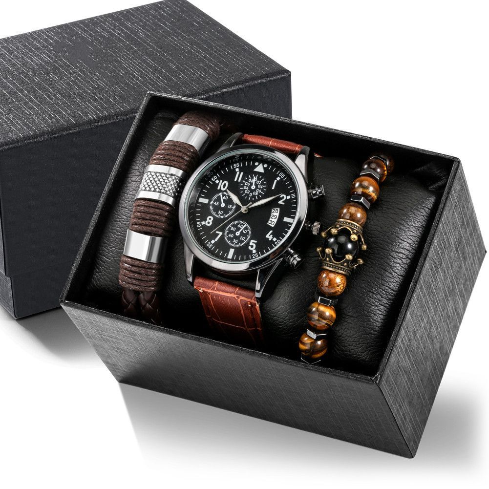 Men'S Bracelet Watch Set Single Calendar Watch Fake Three Eye Watch Canvas - Black - Size 18