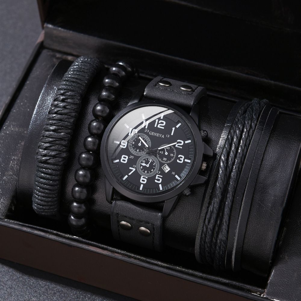 Men'S Bracelet Watch Set Single Calendar Watch Fake Three Eye Watch Canvas - Black - Size 18